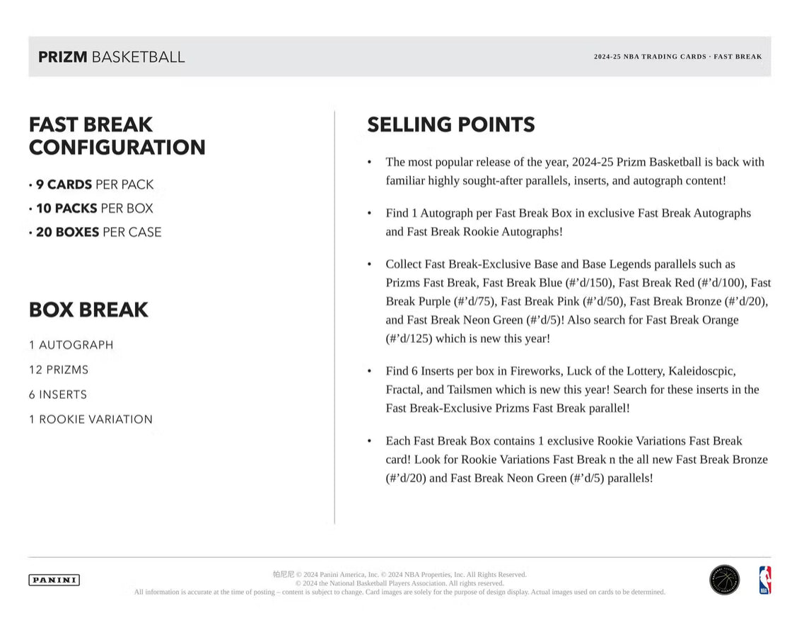 2024/25 Panini Prizm Fast Break Basketball Hobby Box