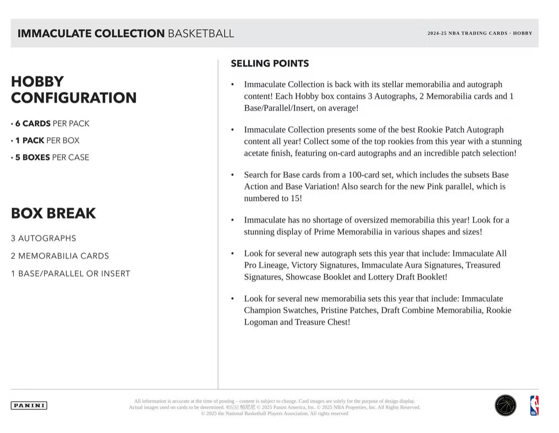 2024/25 Panini Immaculate Basketball Hobby Box Case (5 Hobby Box)
