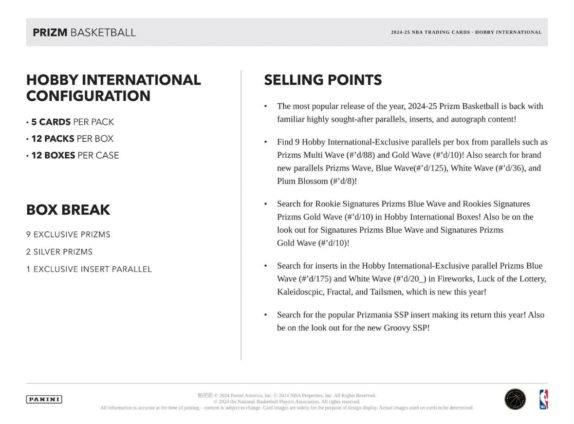2024/25 PANINI PRIZM BASKETBALL INTERNATIONAL HOBBY 12-BOX CASE