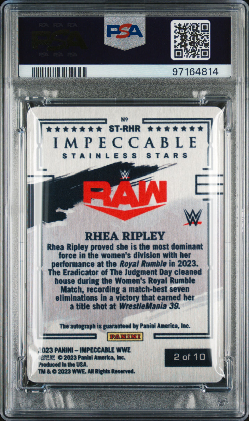 2023 Panini Impeccable WWE Stainless Stars Rhea Ripley Gold PSA 8 AUTO 10
