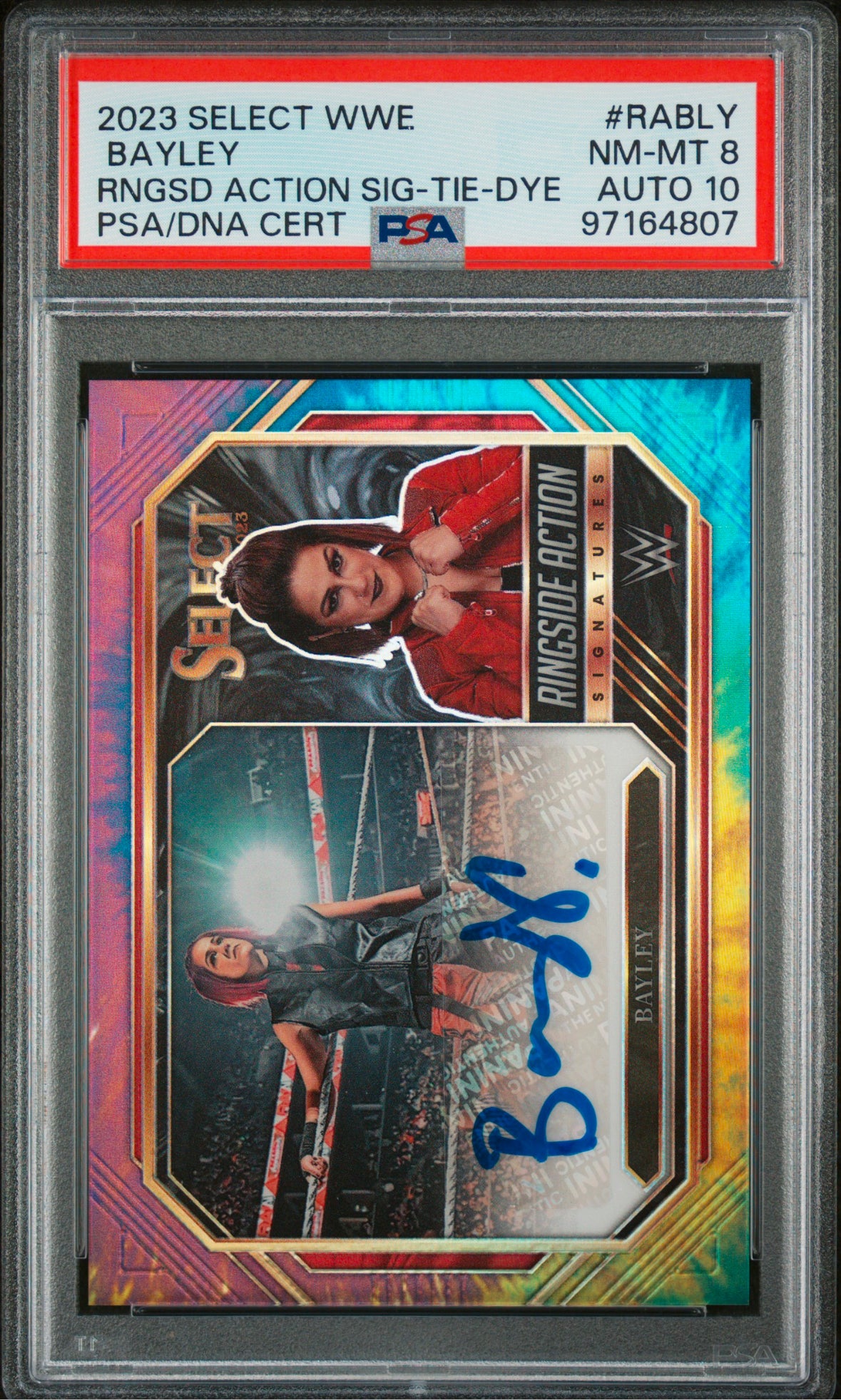 2023 PANINI SELECT WWE BAYLEY RINGSIDE ACTION SIG-TIE-DYE PSA 8 AUTO 10