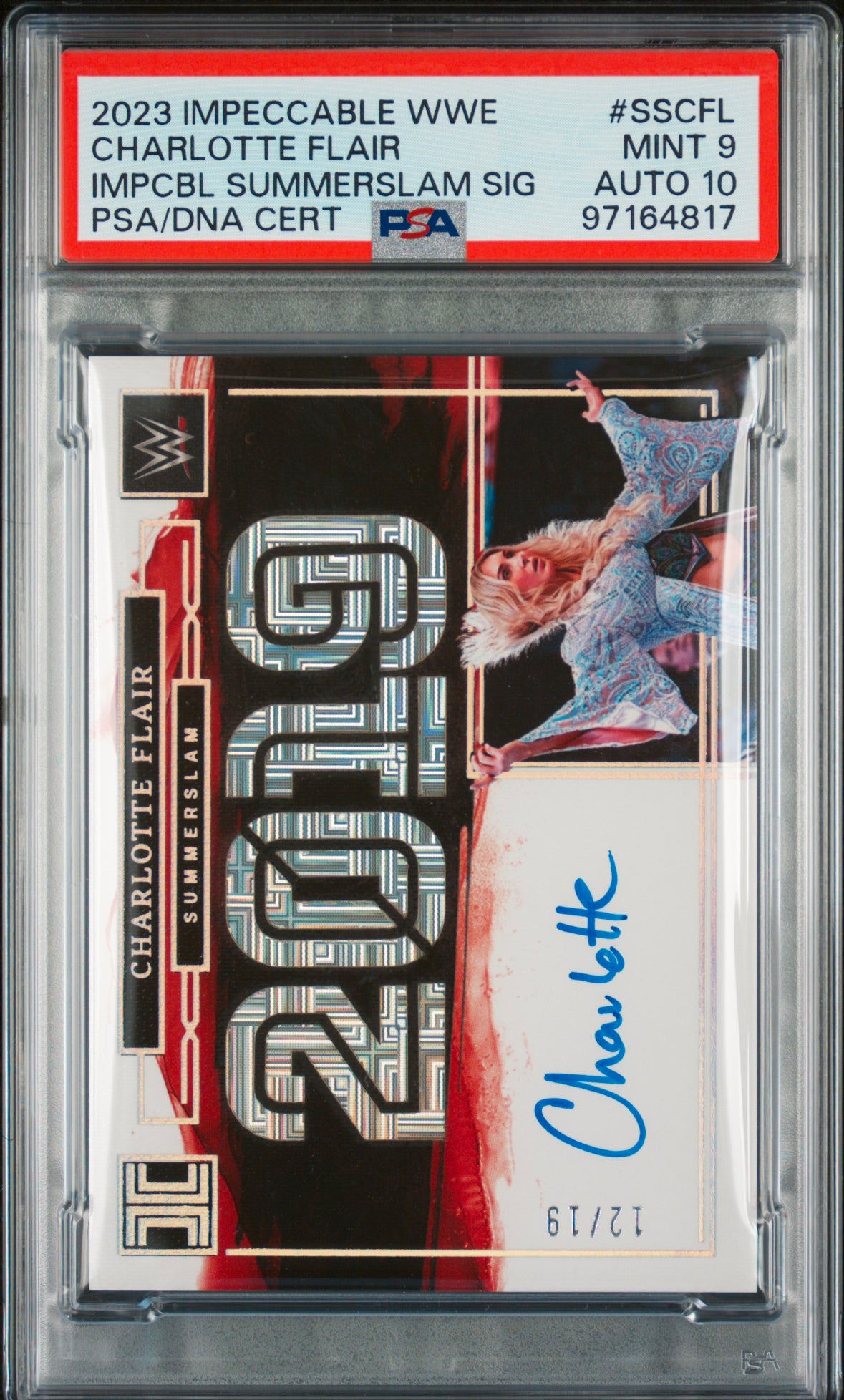 2023 Panini Impeccable WWE Charlotte Flair 2019 Summerslam Signatures 12/19 PSA 9 AUTO 10