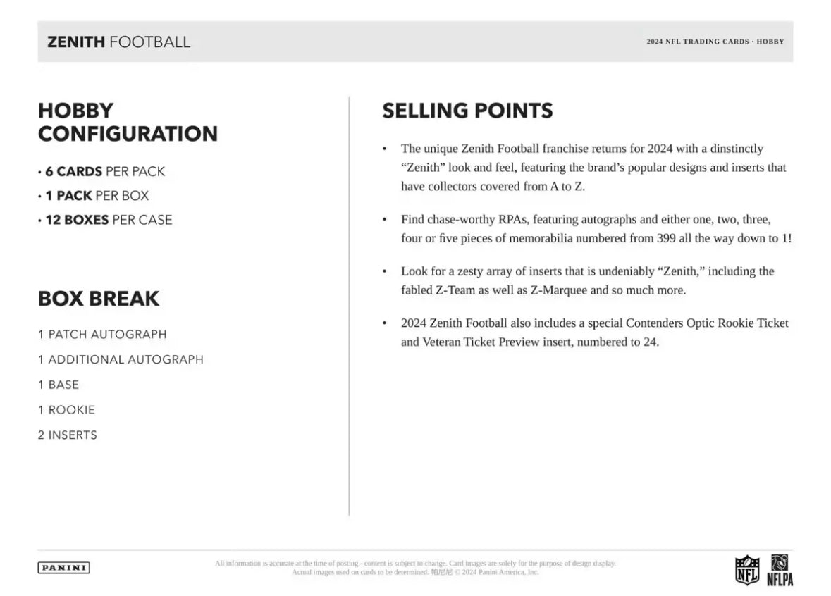 2024 Panini Zenith Football Hobby Box Presale 3/21/25