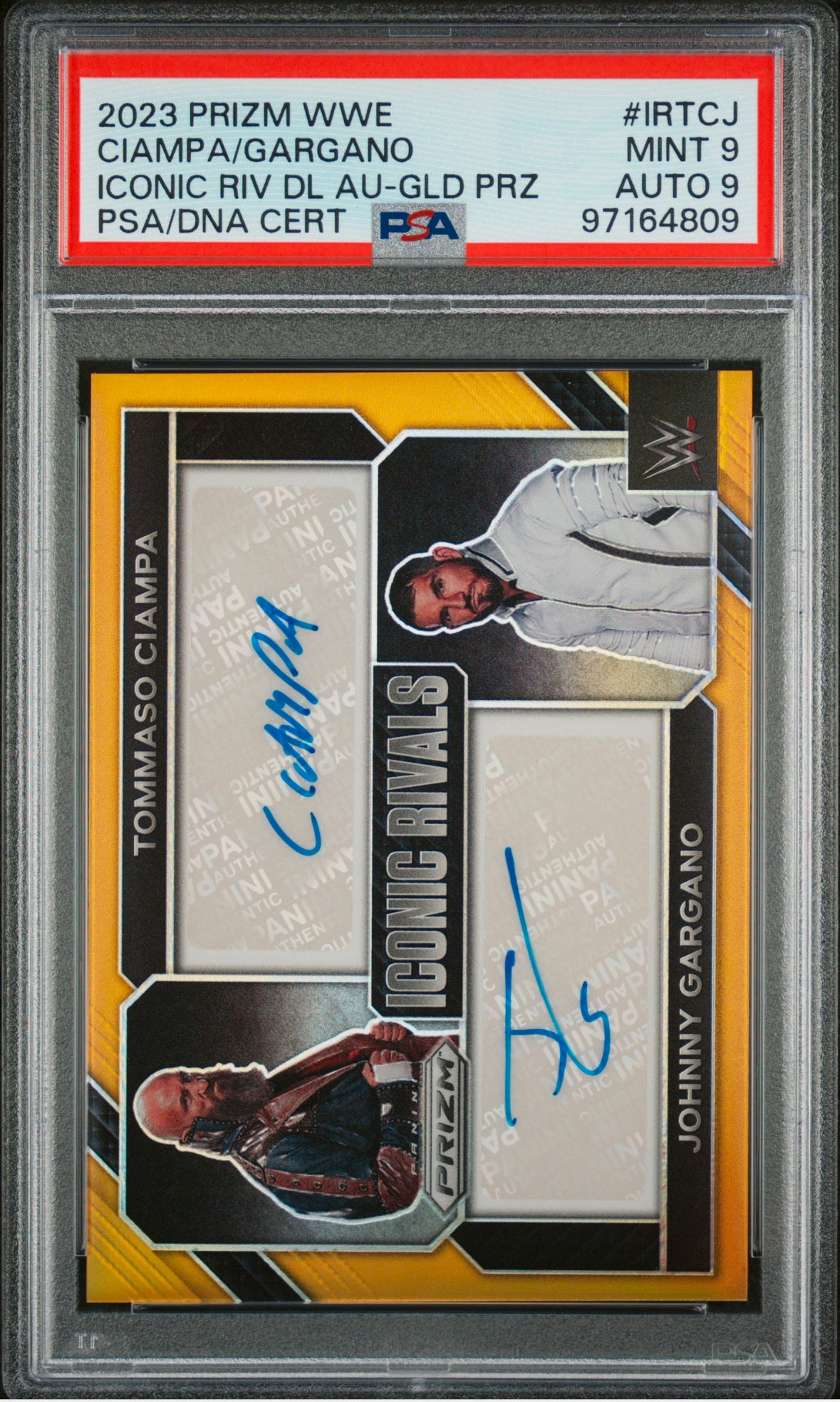 Johnny Gargano Tommaso Ciampa 2023 Panini Prizm WWE Gold Dual 04/10 PSA 9 Auto 9