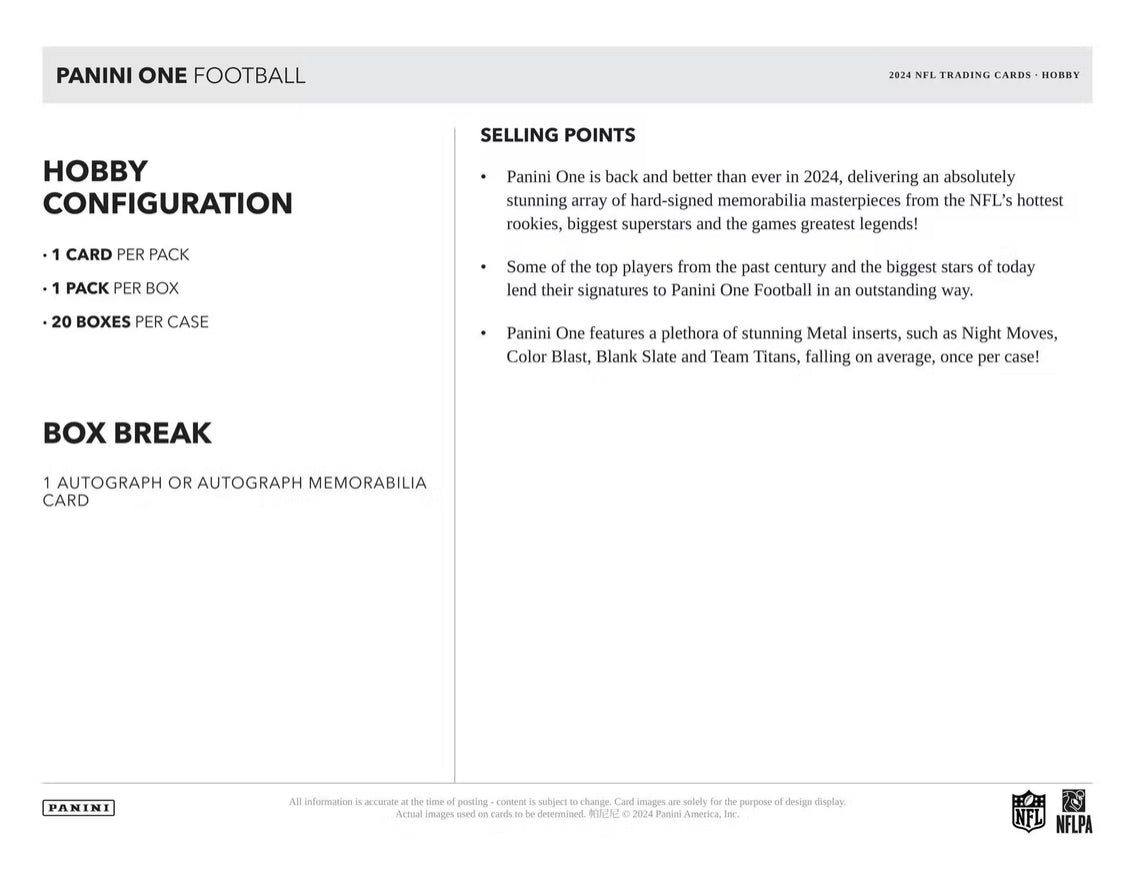 2024 Panini One Football Hobby Box Case (20 Hobby Box) Presale 9/4/25