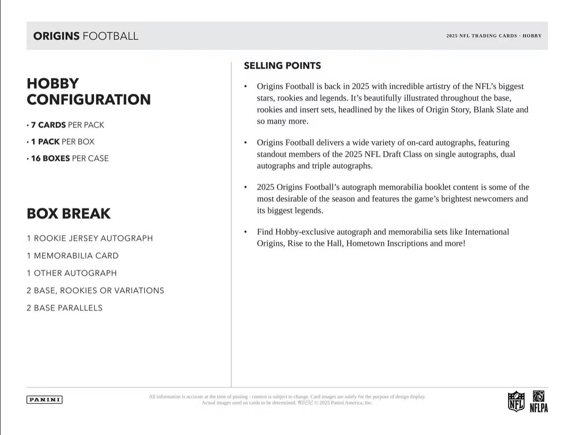 2025 Panini Origins Football Case (16 Hobby Box)