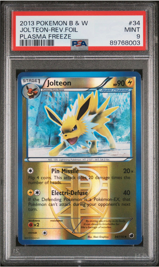 2013 POKEMON BLACK & WHITE PLASMA FREEZE 34 JOLTEON-REVERSE FOIL PSA 9