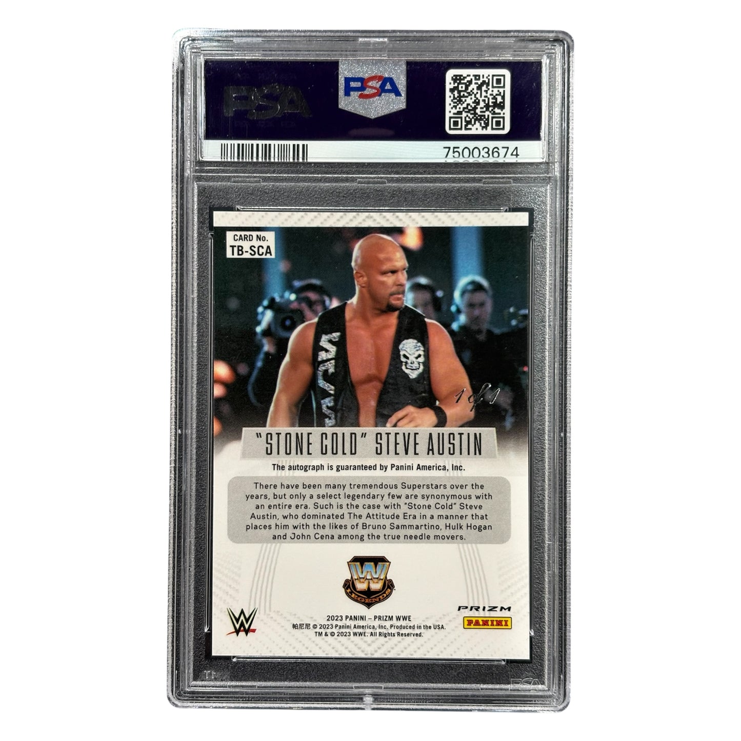 "Stone Cold" Steve Austin WWE Throwback Autographed 2023 Panini Prizm Black Prizm #TB-SCA #1/1 PSA Authenticated 9/10 Card