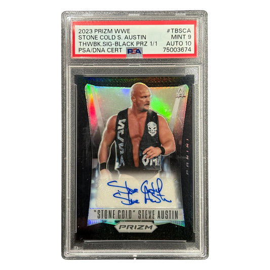"Stone Cold" Steve Austin WWE Throwback Autographed 2023 Panini Prizm Black Prizm #TB-SCA #1/1 PSA Authenticated 9/10 Card