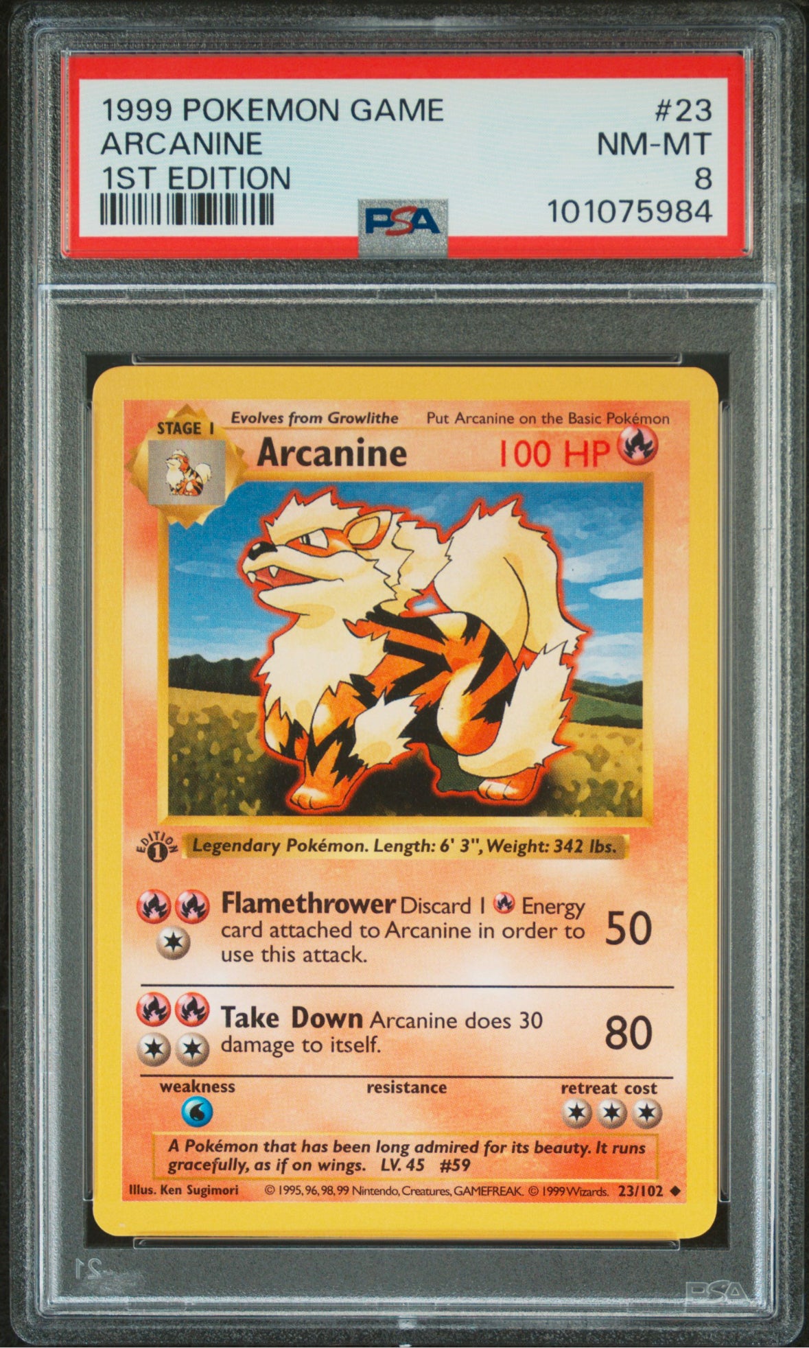 1999 Pokémon Game Arcanine 1st ed Shadowless Base Set PSA 8