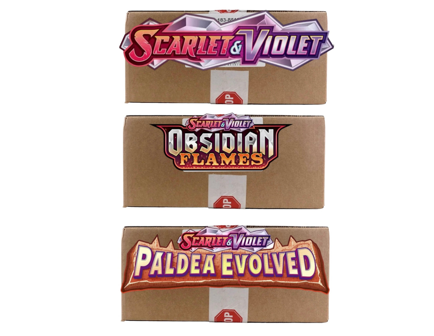 1 Scarlet & Violet Base, 1 Obsidian Flames, 1 Paldea Evolved Elite Trainer Case. (3 ETB CASE BUNDLE)