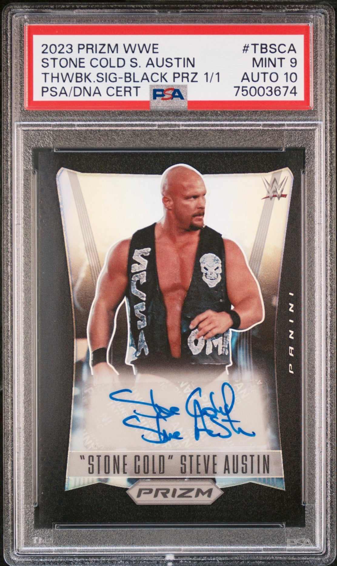 "Stone Cold" Steve Austin WWE Throwback Autographed 2023 Panini Prizm Black Prizm #TB-SCA #1/1 PSA Authenticated 9/10 Card