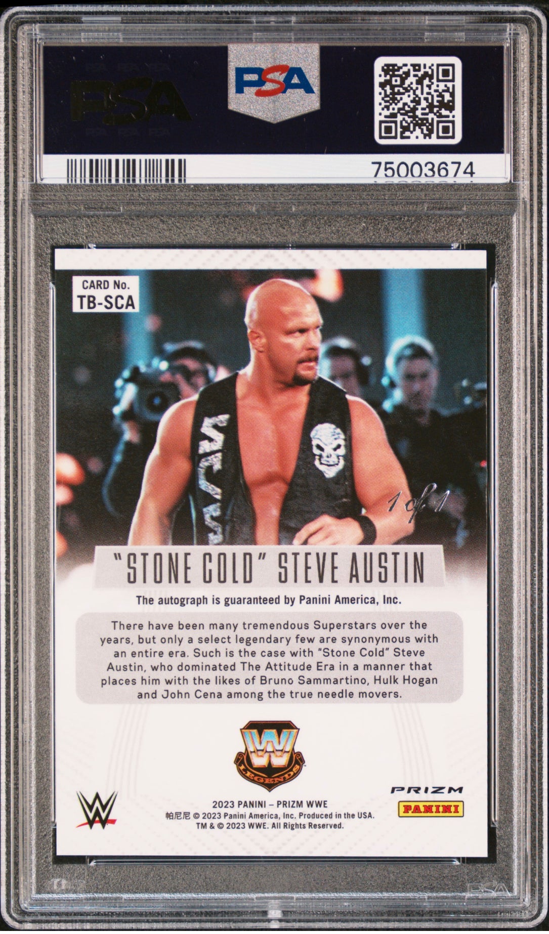 "Stone Cold" Steve Austin WWE Throwback Autographed 2023 Panini Prizm Black Prizm #TB-SCA #1/1 PSA Authenticated 9/10 Card