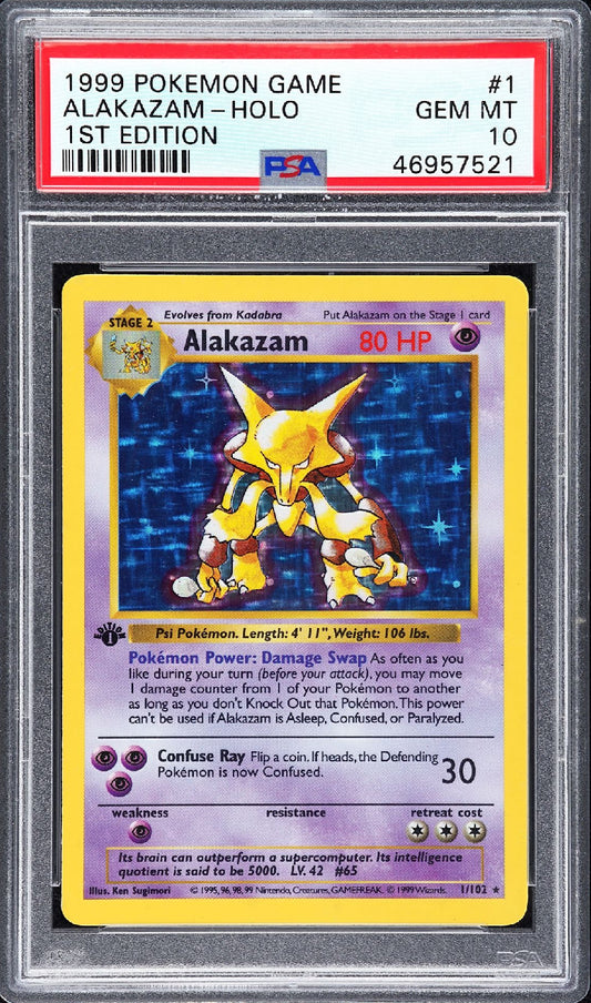 POKEMON PSA 10 GEM MINT ALAKAZAM 1ST EDITION SHADOWLESS BASE SET HOLO CARD #1