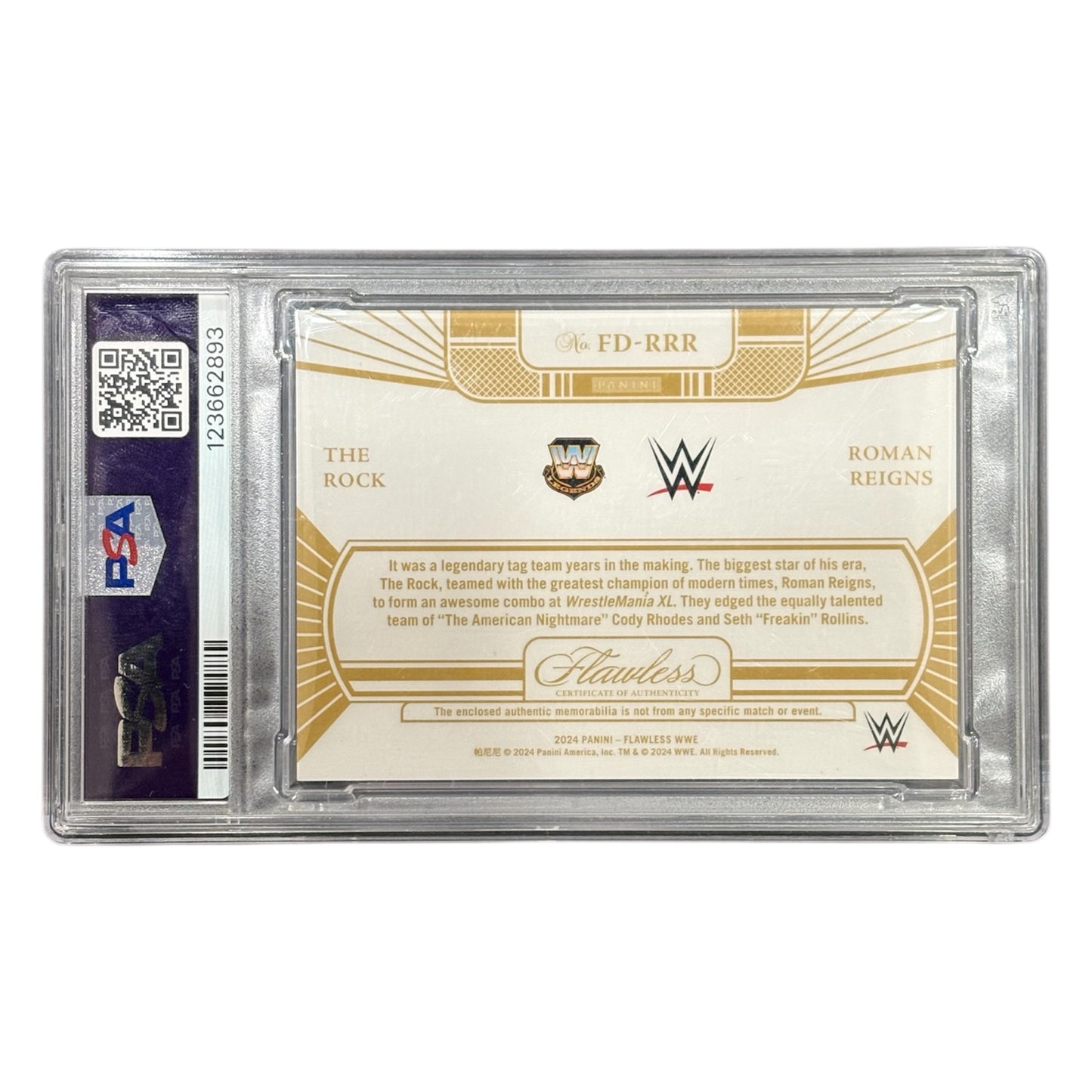 2024 Panini Flawless WWE Dual Memorabilia Platinum #FD-RRR The Rock/Roman Reigns Patch Card (#1/1) - PSA NM-MT 8