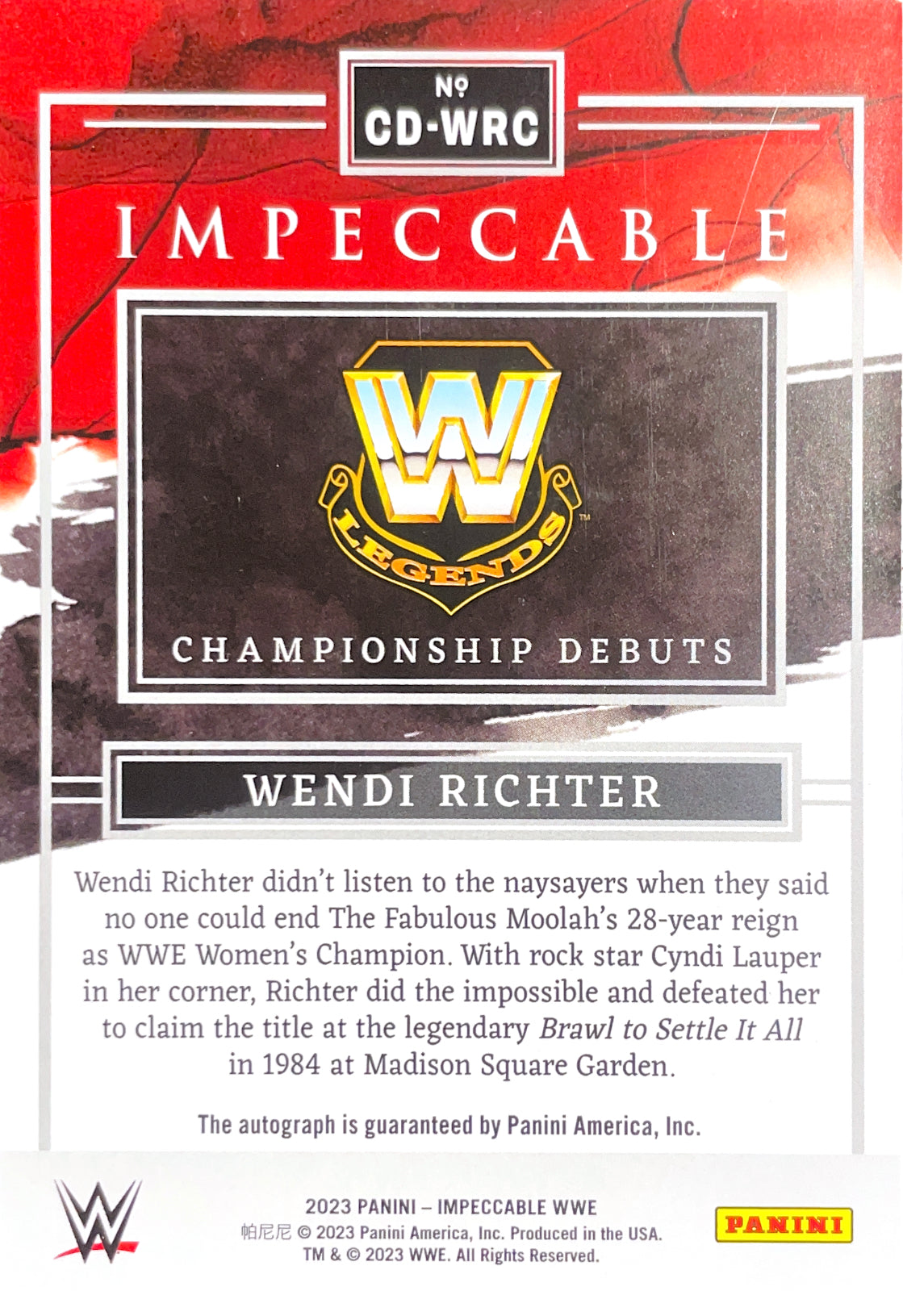 2023 Panini Impeccable Wrestling Wendi Richter Championship Debut Auto /84