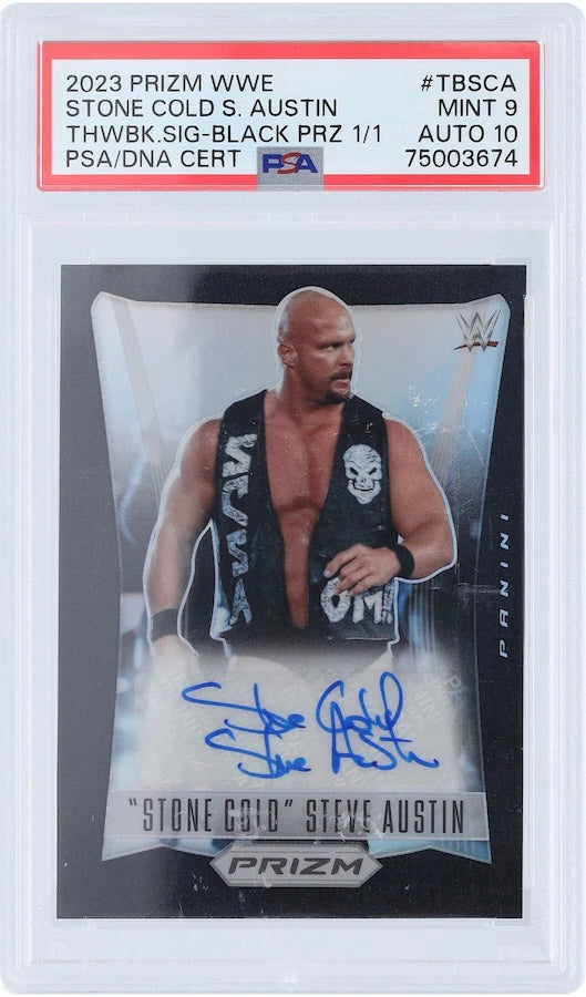 "Stone Cold" Steve Austin WWE Throwback Autographed 2023 Panini Prizm Black Prizm #TB-SCA #1/1 PSA Authenticated 9/10 Card