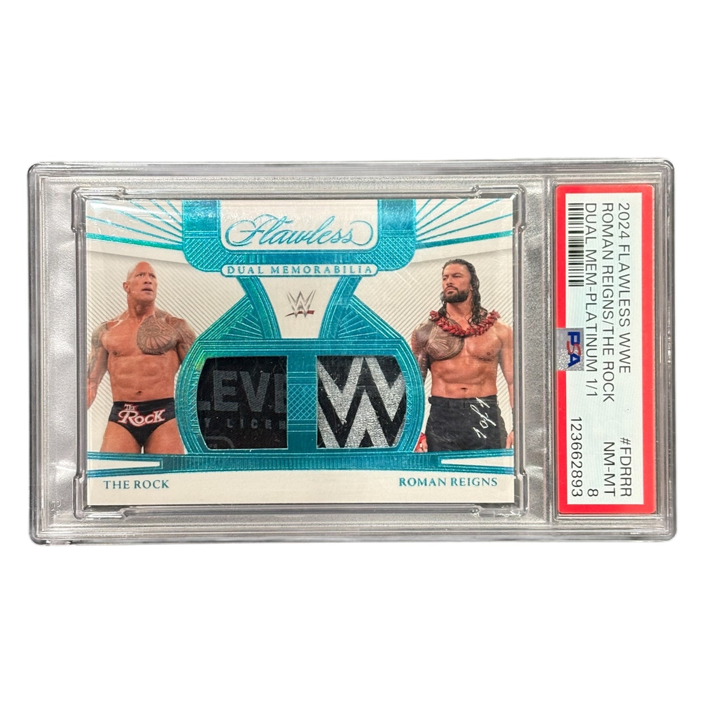 2024 Panini Flawless WWE Dual Memorabilia Platinum #FD-RRR The Rock/Roman Reigns Patch Card (#1/1) - PSA NM-MT 8