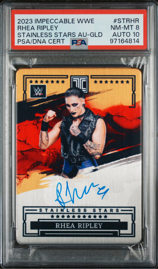 2023 Panini Impeccable WWE Stainless Stars Rhea Ripley Gold PSA 8 AUTO 10